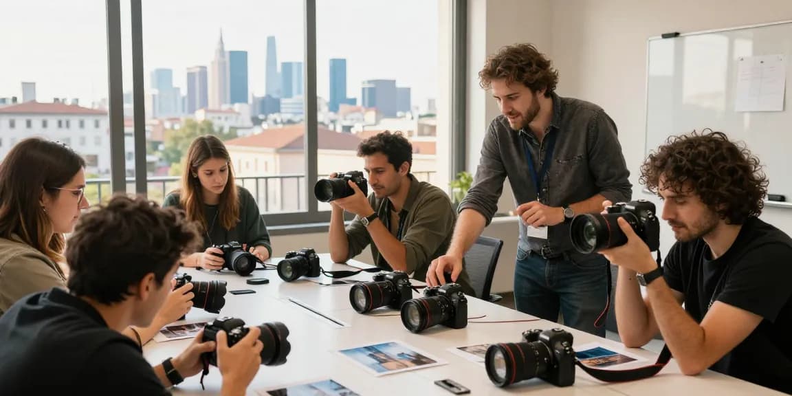 Corsi di Fotografia a Milano studenti che catturano paesaggi urbani durante una lezione di fotografia coinvolgente.