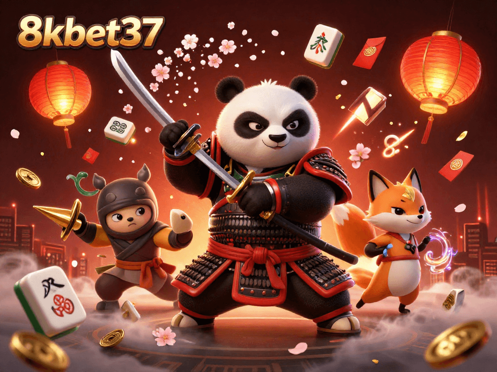 Engage with vibrant gaming at 8kbet37, featuring a dynamic samurai panda, ninja fox, and mystical tanuki.