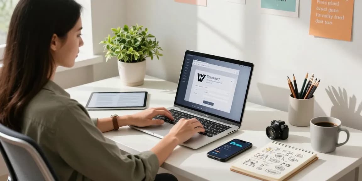 WPS Download interface on a laptop in a stylish home office workspace, enhancing productivity.