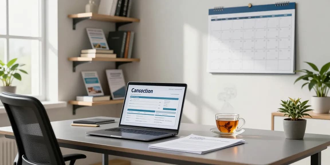 Individual preparing to cancel my timeshare with a laptop and documents in a welcoming home office