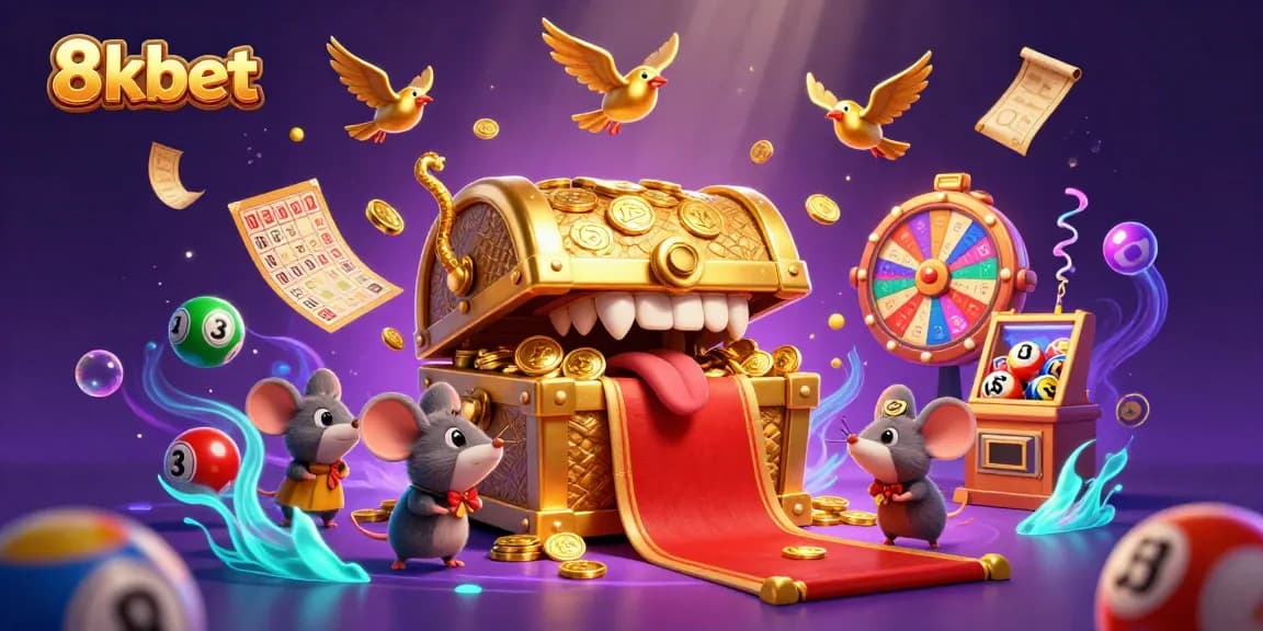 Join the excitement at 8kbet with dynamic lottery balls and treasure-filled characters for endless entertainment.
