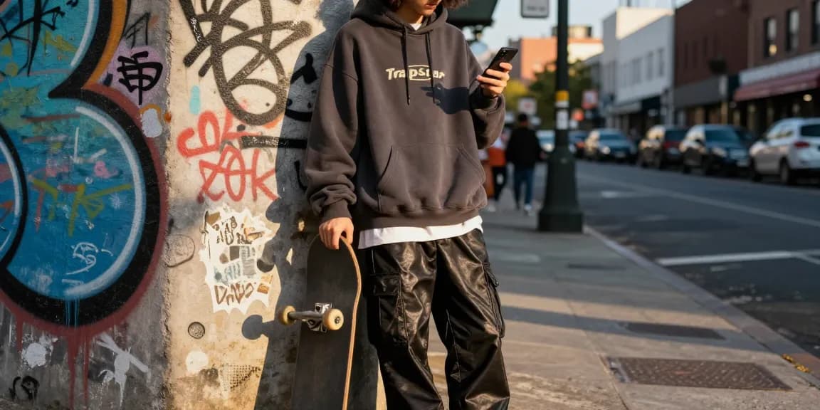 Trapstar Felpa hoodie stilizzato con streetwear urbano in un contesto cittadino vivace