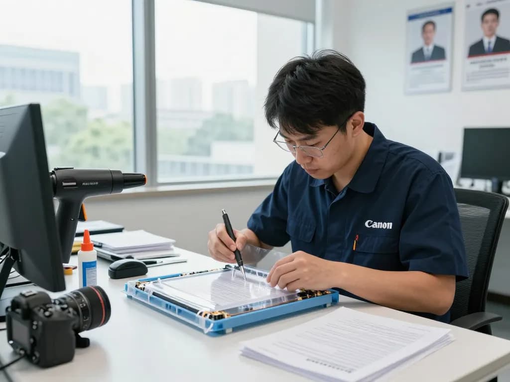 Bóc ép plastic hà nội process with a technician expertly removing plastic from documents in a modern office.