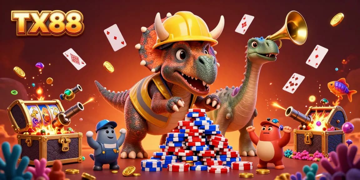 Experience excitement at TX88 with a dynamic 3D casino scene, featuring fun characters and casino elements.