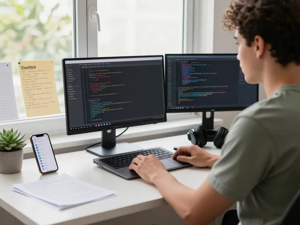 Developer using Clawdbot AI on Mac in a modern workspace with programming tools.