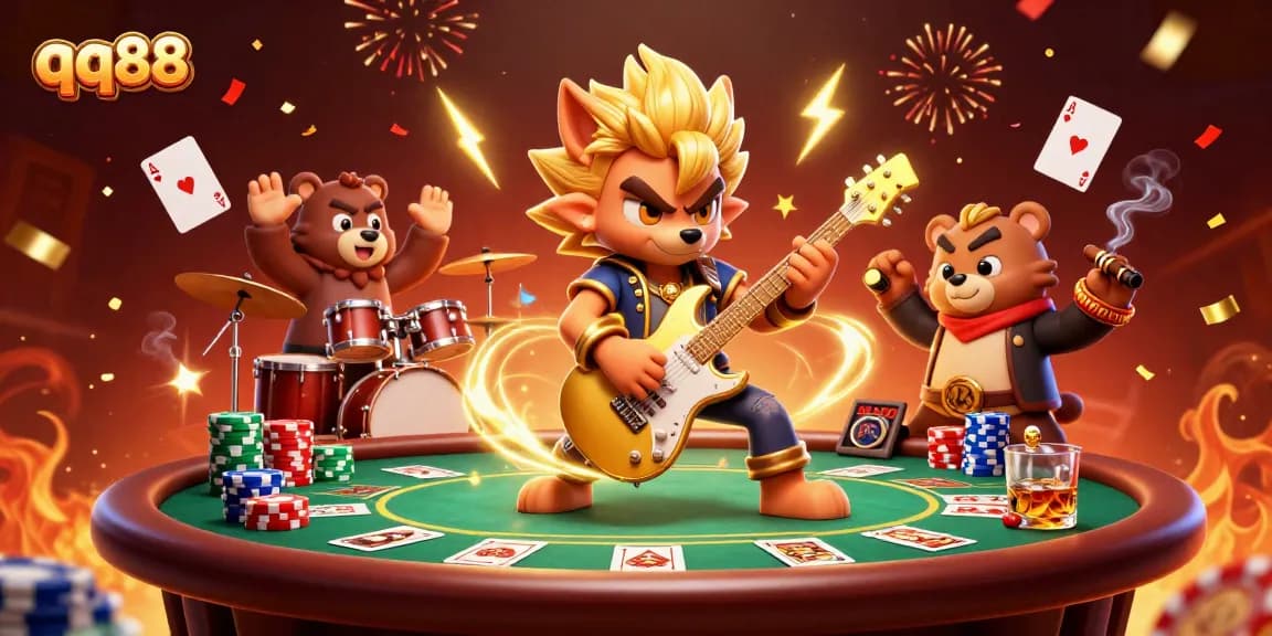 Experience the thrill of qq88 with a lively 3D casino scene featuring cartoon characters and vibrant elements.