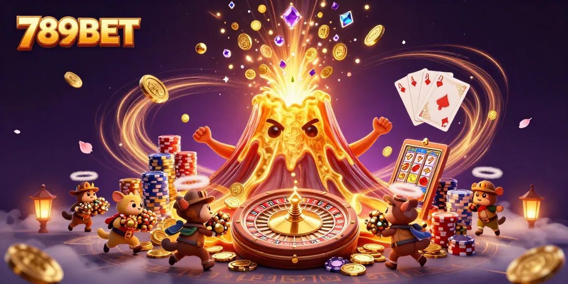 Win big with 789BET as golden coins and treasures erupt from a triumphant volcano in this vibrant casino scene.