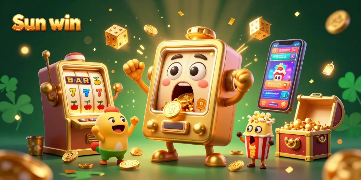 Experience the thrill of "Sun win" with a lively scene of slot machines, coins pouring, and exciting casino game elements.