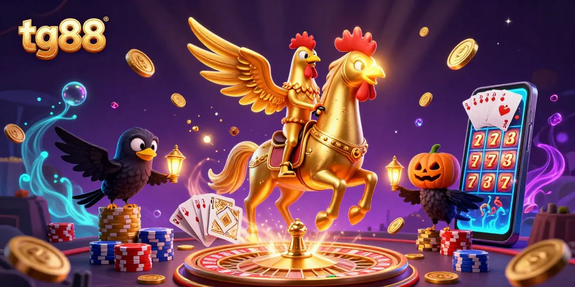 Experience tg88's vibrant casino action with golden rooster, coins, and festive atmosphere.