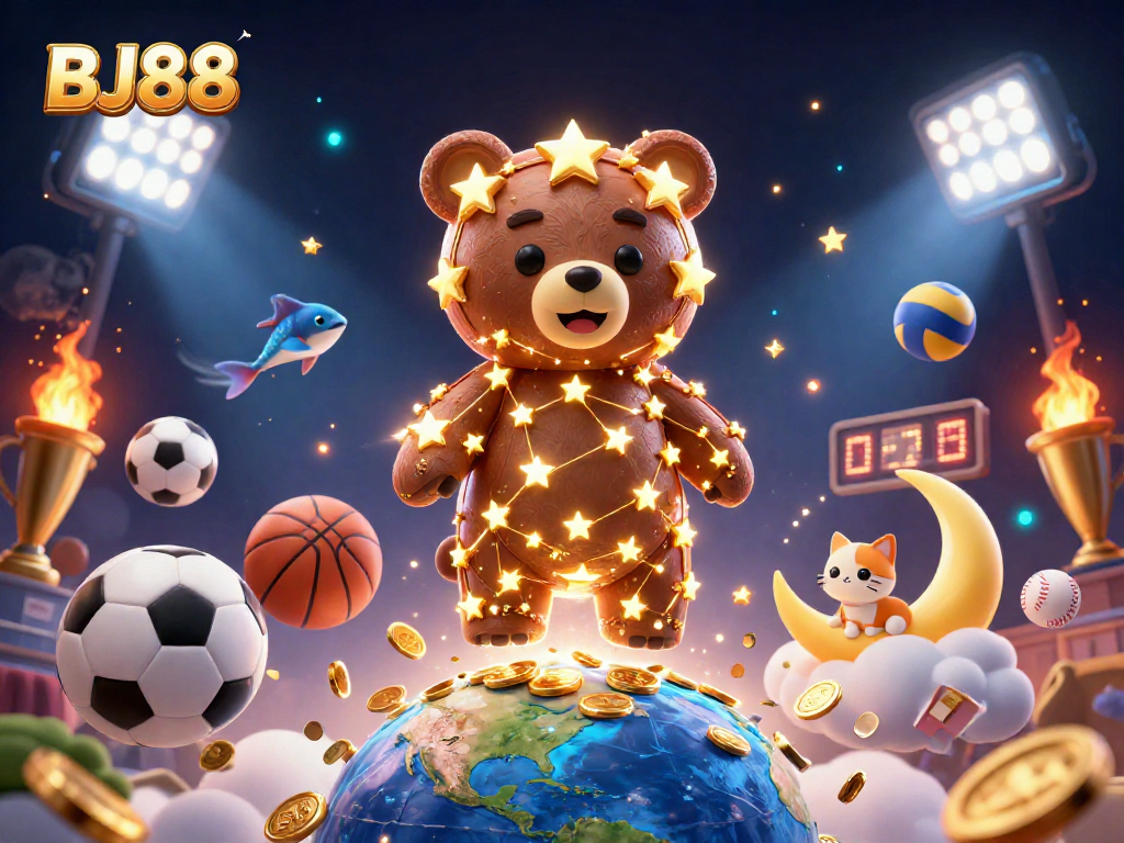 Engage with BJ88's exciting casino features through a whimsical 3D illustration filled with golden elements and dynamic gameplay.