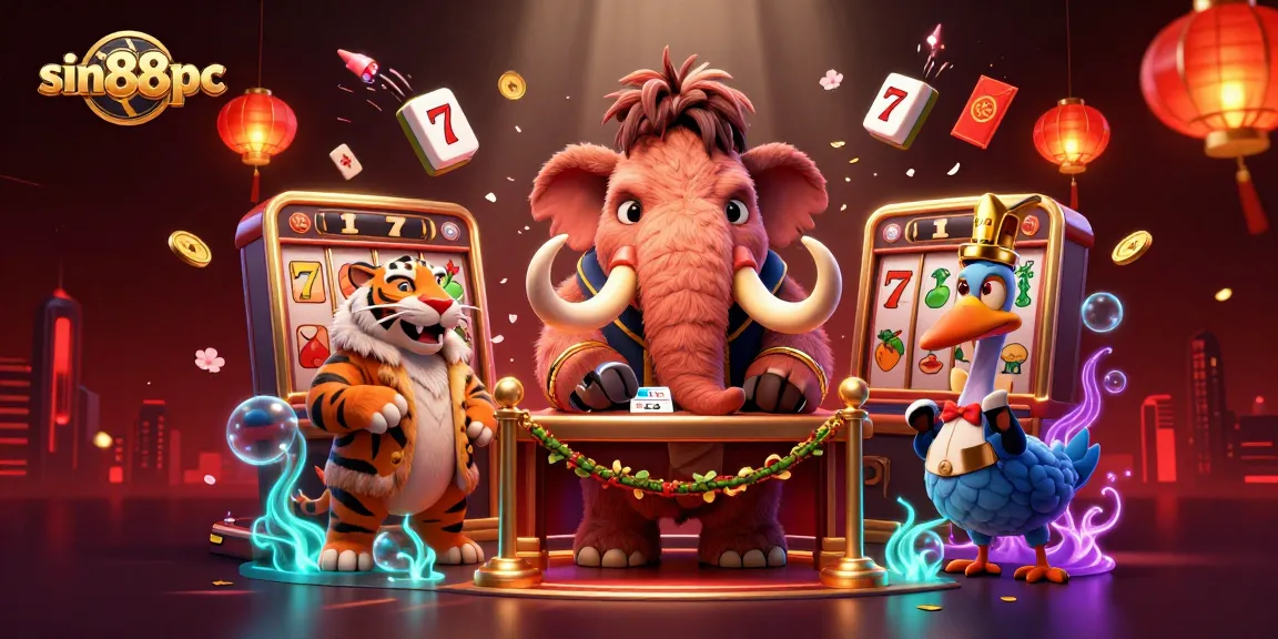 Experience sin88pc's vibrant 3D casino scene featuring a woolly mammoth bouncer and slot adventure.