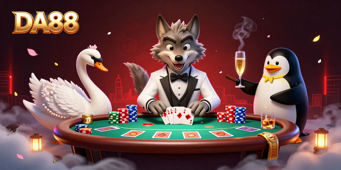 Win at DA88 with a debonair wolf, elegant swan, and sophisticated penguin at a baccarat table.