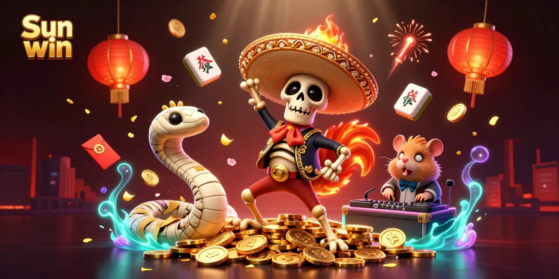 Engage in thrilling gameplay with Sun win's dynamic 3D casino illustration featuring festive elements and fun characters.