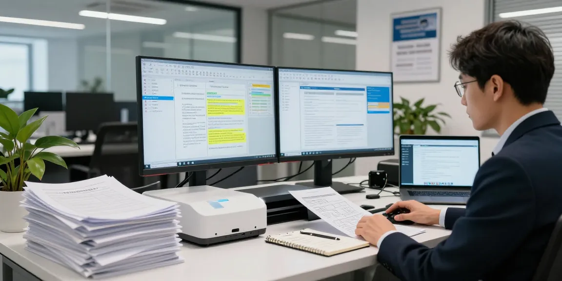 Document fraud detection workspace with analysts reviewing data analytics and scanning devices