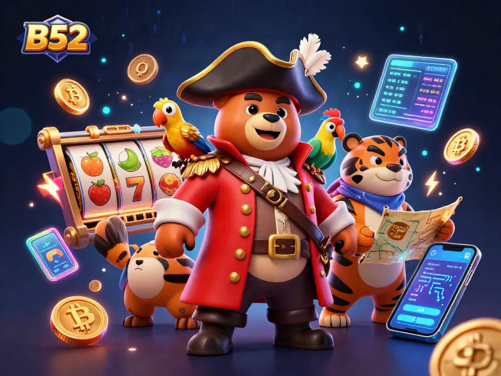 Engage with the B52-themed casino adventure featuring a pirate bear, tiger, and crypto elements.