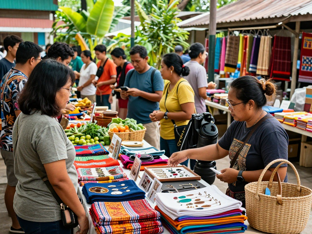 Shoppers exploring unique UMKM products at rokok88 local market.