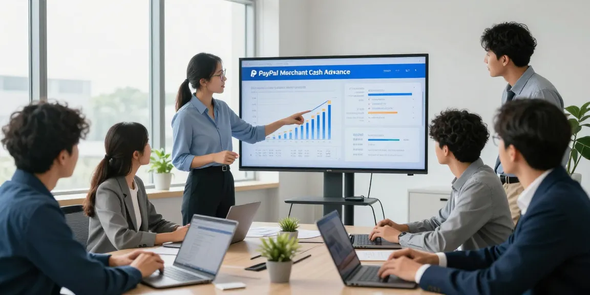 PayPal merchant cash advance discussion in a modern office with professionals analyzing data.