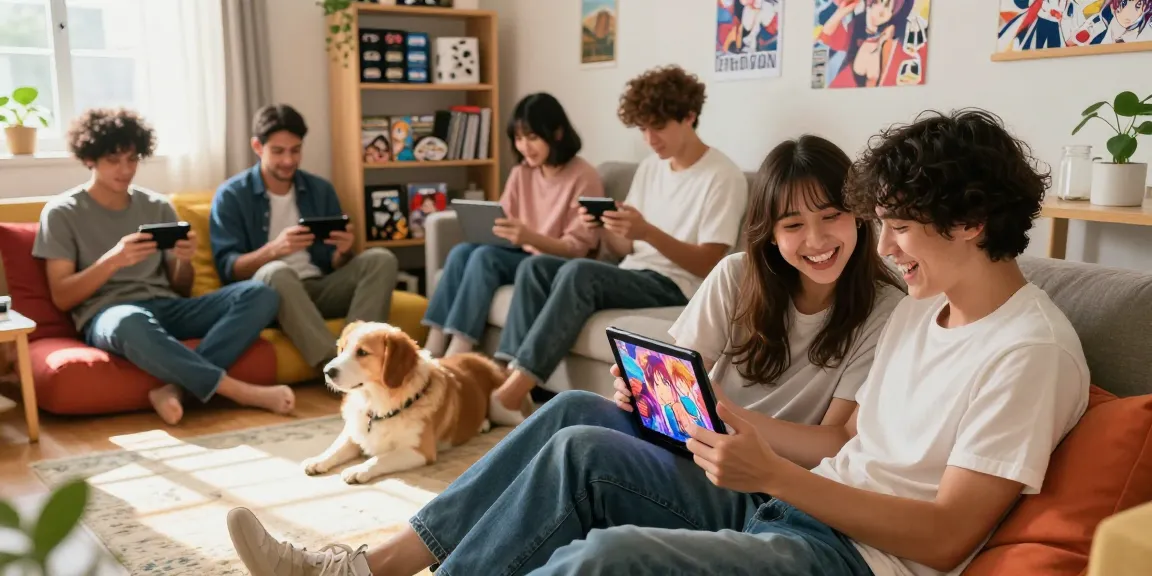 Couple enjoying a hentai game on a tablet in a cozy living room, showcasing relaxed gaming atmosphere.