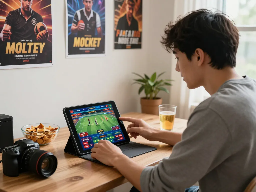 Exciting online betting experience on tt88 with a young adult engaged in vibrant gambling interface at home.