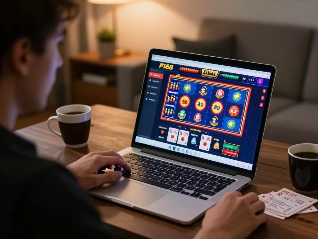 Player engaging in online gaming at F168, showcasing a vibrant casino interface and strategic focus.