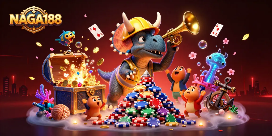 NAGA188 merayakan kemenangan sambil membangun tumpukan chip poker dan dikelilingi elemen permainan yang kaya.