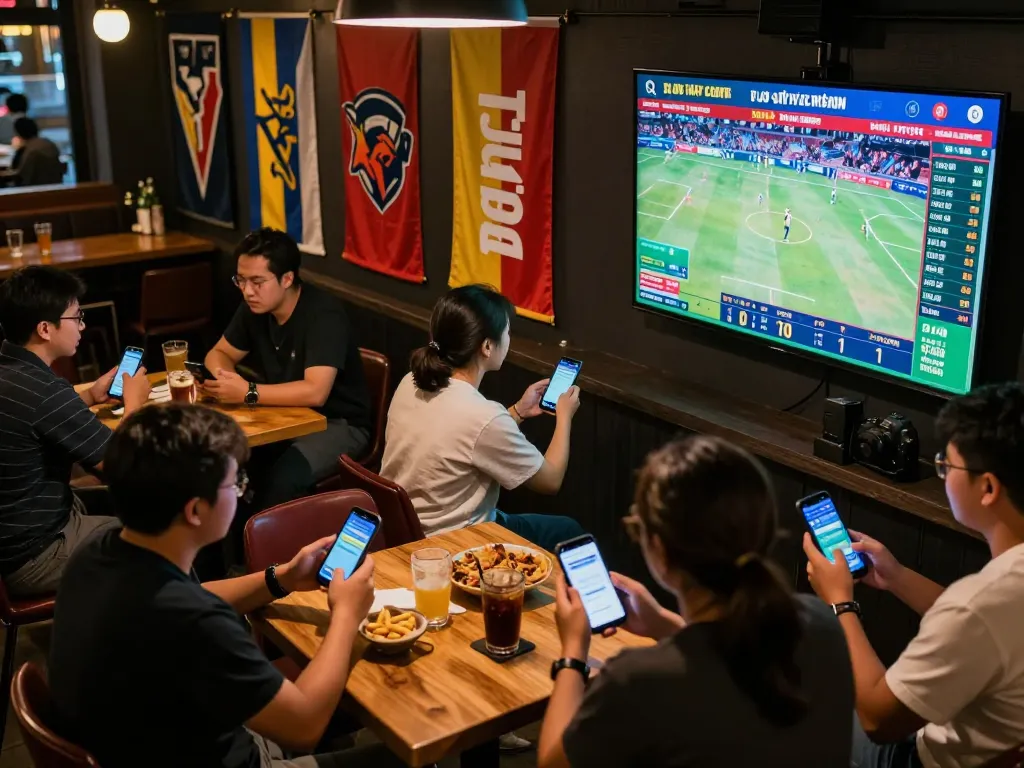 Watch patrons analyze tỷ lệ kèo during live sports betting at a vibrant bar, capturing excitement and strategy.