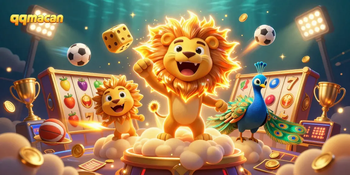 Mainkan qqmacan dengan simbol keberuntungan di slot dan dadu emas dalam ilustrasi kasino dinamis.