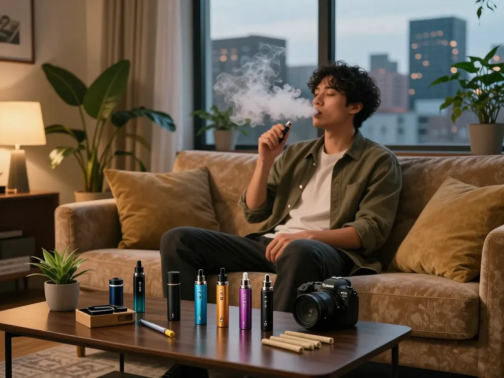 Godendo l'esperienza di acquisire vape THC in un ambiente urbano alla moda, che mostra uno stile di vita moderno nel vaping.