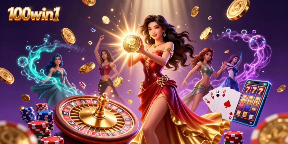 Experience the thrill of winning with 100win1, showcasing a vibrant 3D casino scene filled with cascading coins and gem stones.