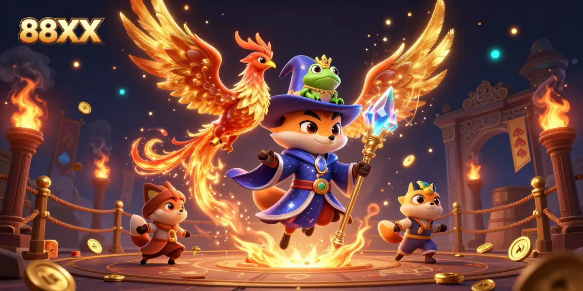 Engage with the vibrant world of 88XX, showcasing a mystical fox and phoenix in an energetic online casino setting.