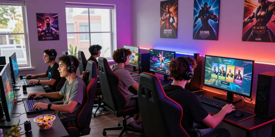 Group of friends enjoying a gaming session at rokok88 lounge, lively atmosphere with colorful LED lights.