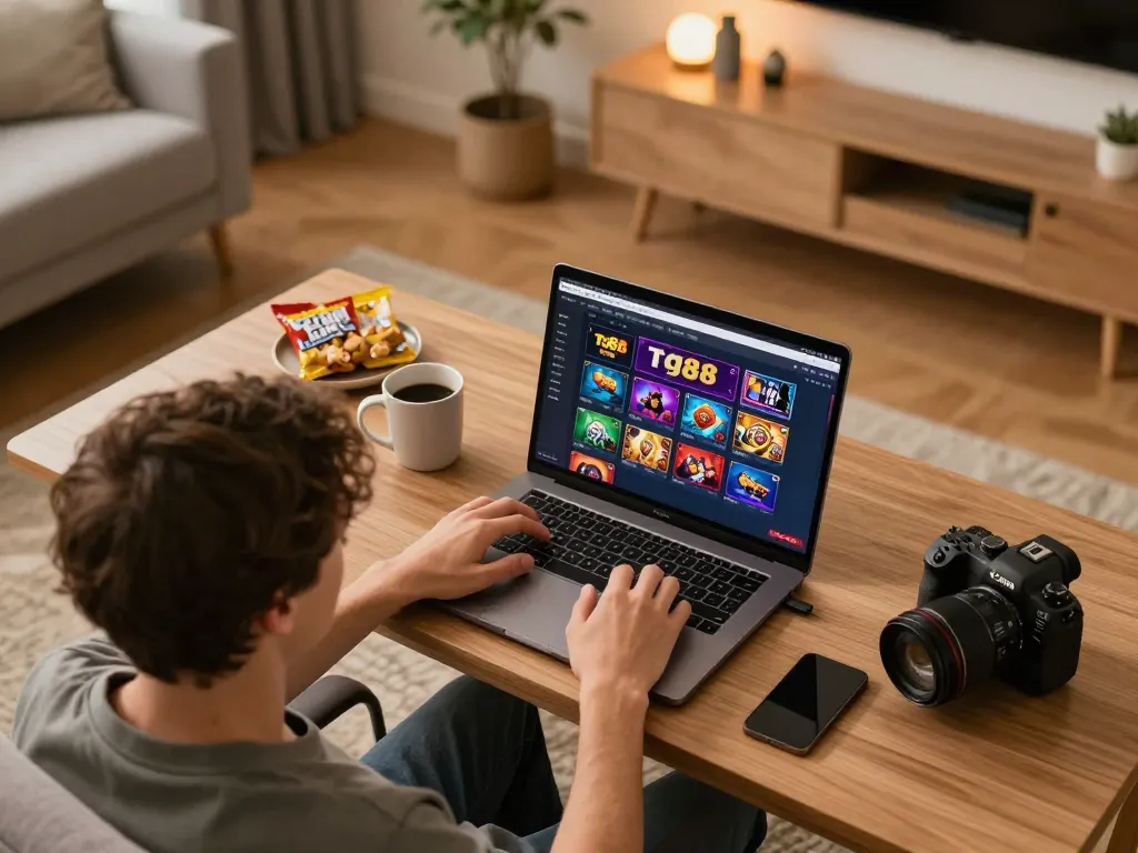 Player enjoying tg88 online casino gaming at home with laptop, snacks, and warm ambiance