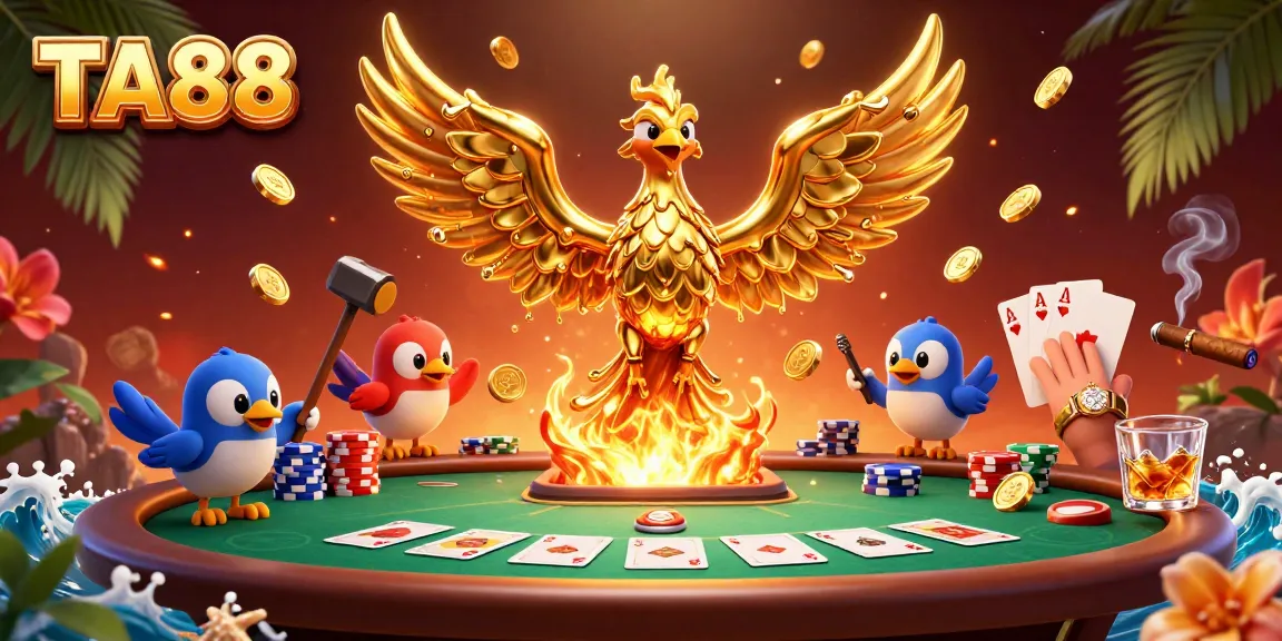 Experience thrilling gameplay with TA88's vibrant casino scene featuring golden phoenix and poker elements.