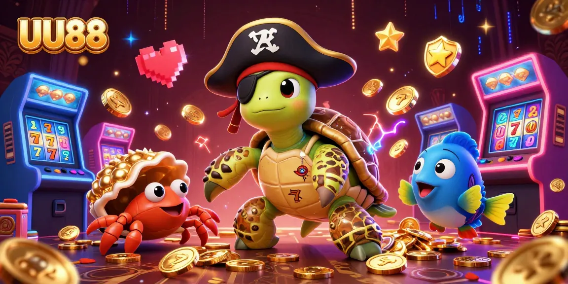 Engage with the vibrant UU88 casino scene featuring a pirate turtle amidst gold coins and slot machines.