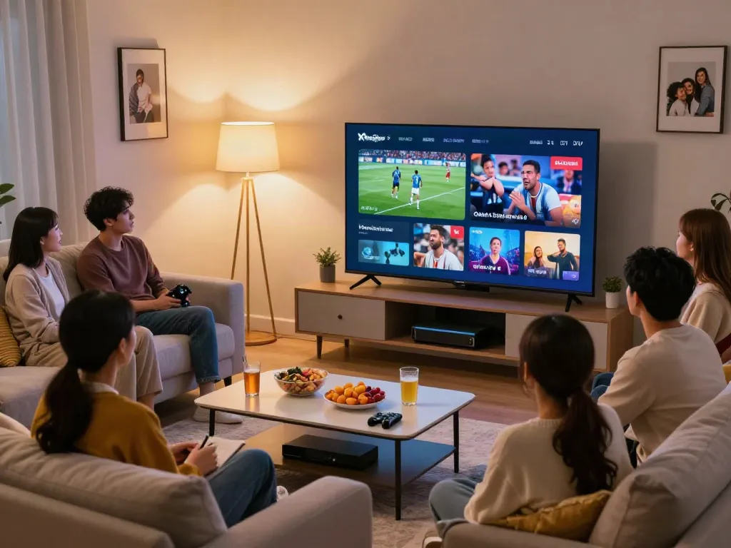 Friends enjoying a movie night with Miglior IPTV in a cozy living room.