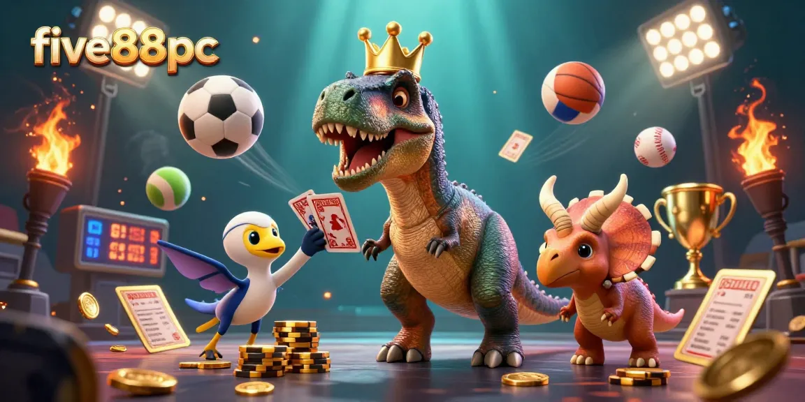 Engage with five88pc as a T-Rex shuffles cards while a pterodactyl assists in a lively casino scene.