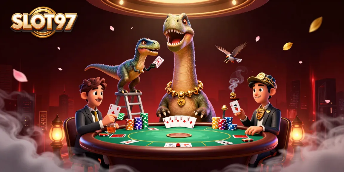SLOT97 offers an exciting gaming experience with a lively illustration of a giant brontosaurus in a casino.