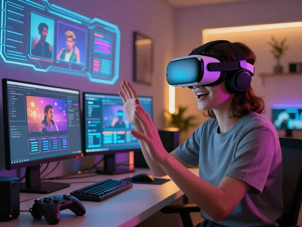 Engaging nsfw ai chat experience featuring a user with a VR headset in a high-tech digital environment.