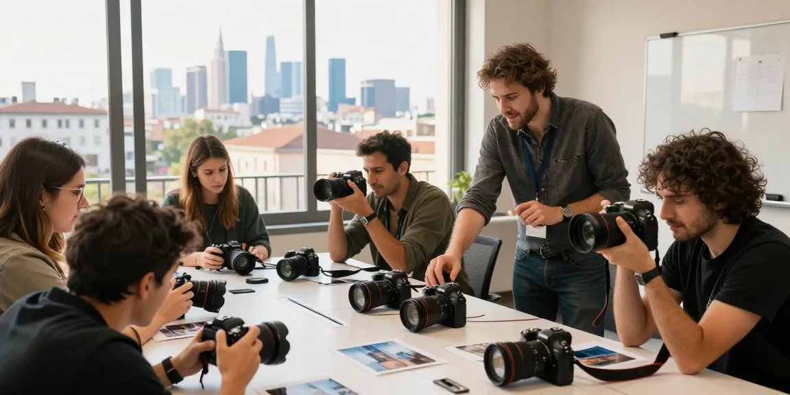 Corsi di Fotografia a Milano studenti che catturano paesaggi urbani durante una lezione di fotografia coinvolgente.