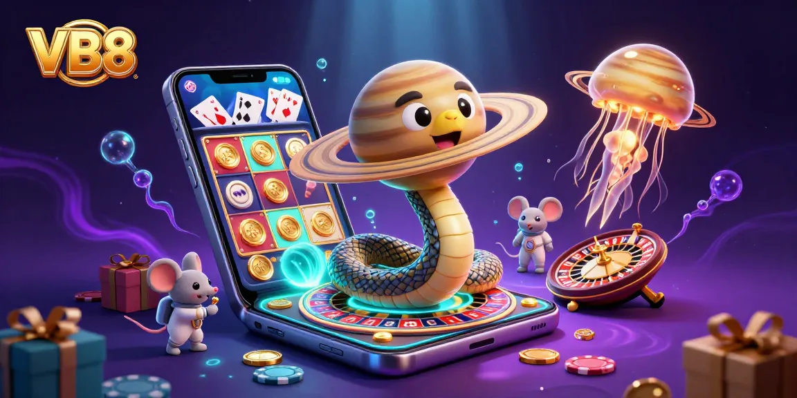 Bet on VB8's exciting cosmic roulette with Saturn ring snake and astronaut mice in a vibrant galaxy.