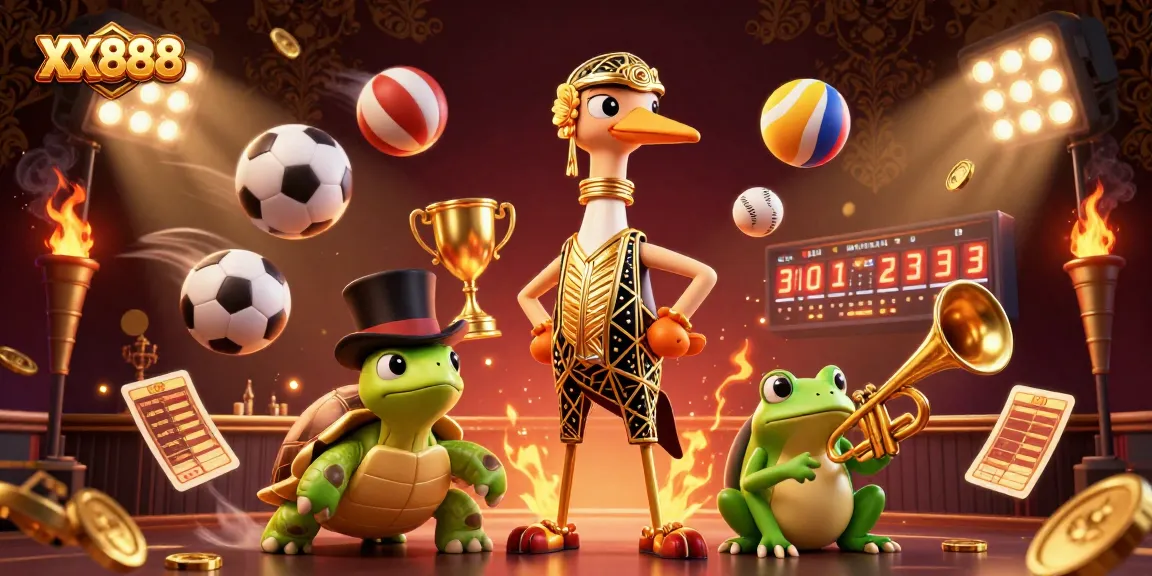 Experience the excitement at XX888 with colorful sports elements and lively casino characters in action.