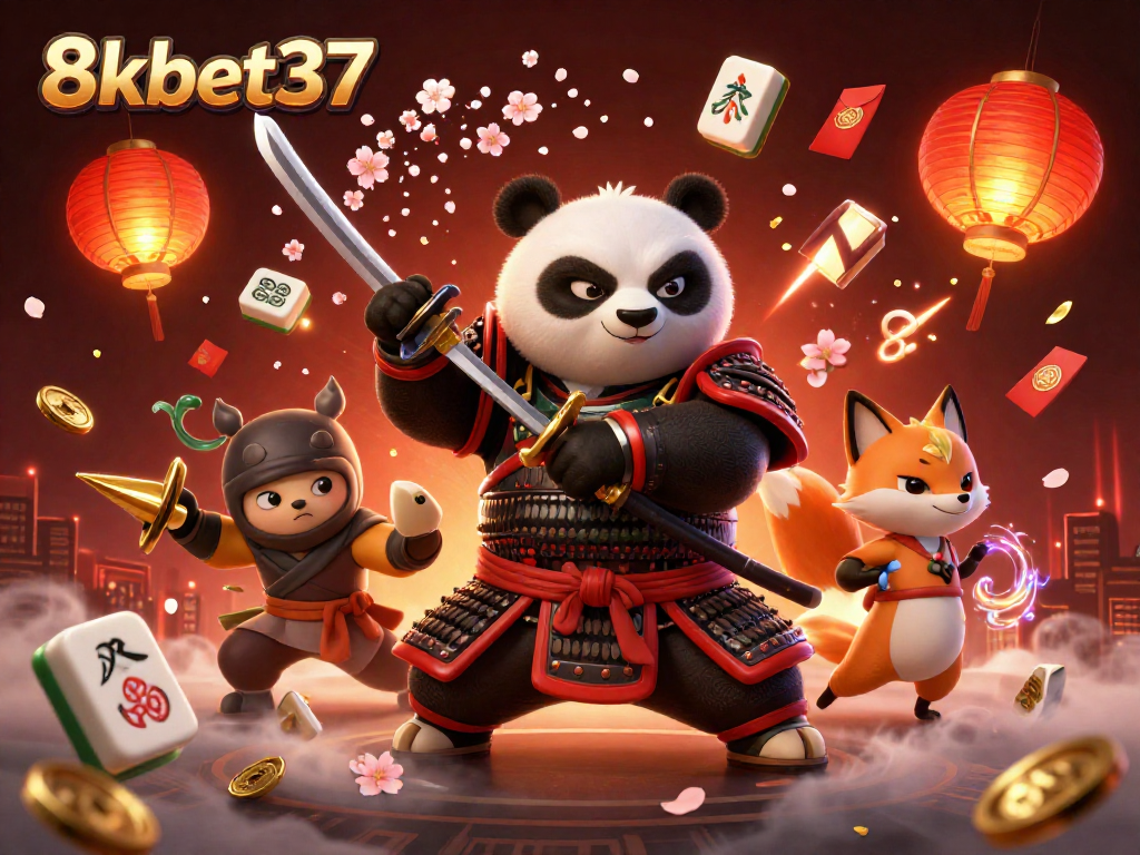 Engage with vibrant gaming at 8kbet37, featuring a dynamic samurai panda, ninja fox, and mystical tanuki.