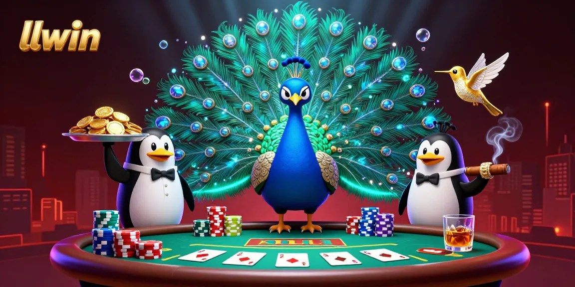Experience thrilling poker action with the llwin peacock, penguin butler, and hummingbird amidst vibrant casino elements.