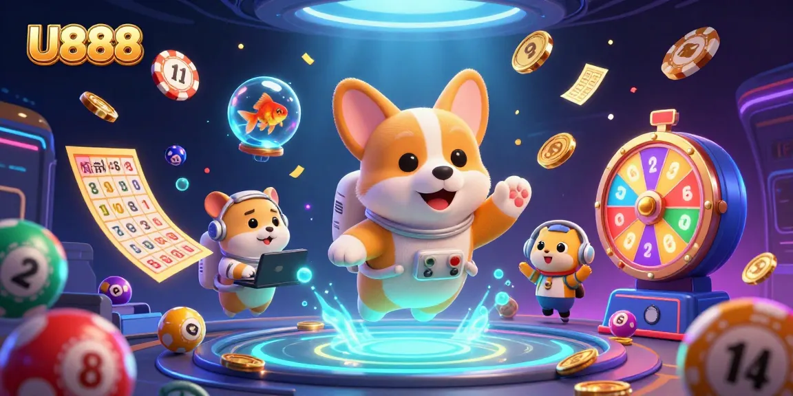 U888 offers exciting gameplay with floating characters in a vibrant casino scene filled with symbols of luck.
