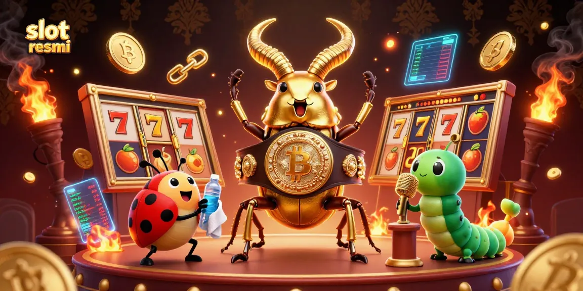 Slot resmi: ilustrasi perjudian dengan serangga kartun dan simbol slot yang menarik.
