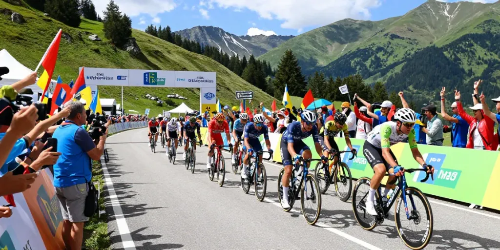 Notizie ciclismo: competizione tra ciclisti in una tappa di montagna con fan entusiasti.