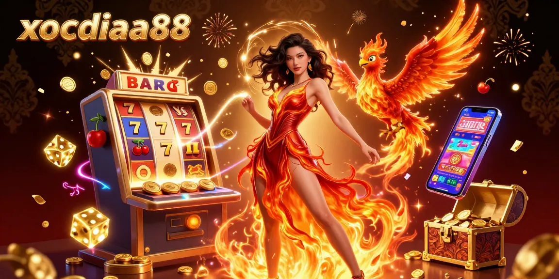 Xocdiaa88 features a stunning Asian woman in a vibrant casino scene with gaming elements and dynamic energy.