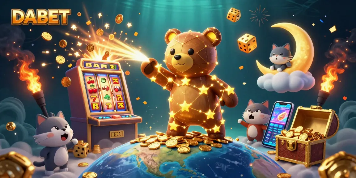 DABET offers exciting slot games with golden coins and jackpot explosions in this vibrant casino illustration.