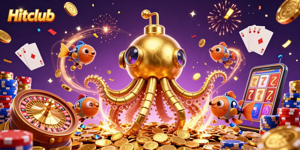 Experience the excitement of Hitclub with this vibrant 3D illustration bursting with casino themes and dynamic elements.