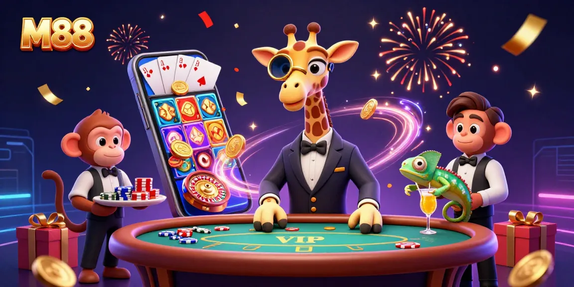 M88 leads as the premier online casino destination with a vibrant high-roller scene featuring lively characters and dynamic games.